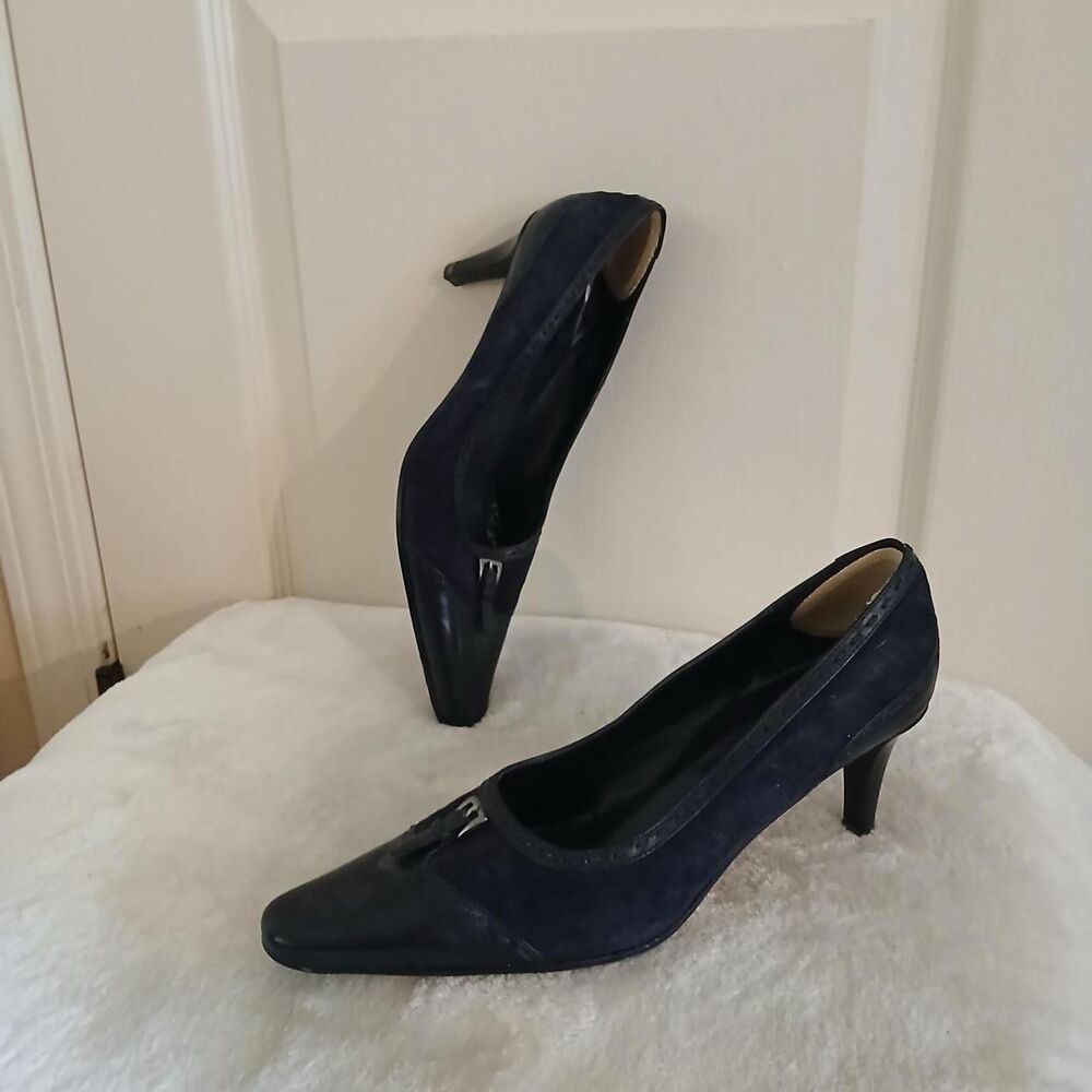 Y2K Vintage VANELi Navy Suede & Leather Buckle Kitten Heels 7 Mcbling Academia